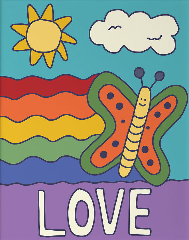 Colorful illustration of a butterfly, sun, and cloud with the word 'LOVE' on a blue background.
