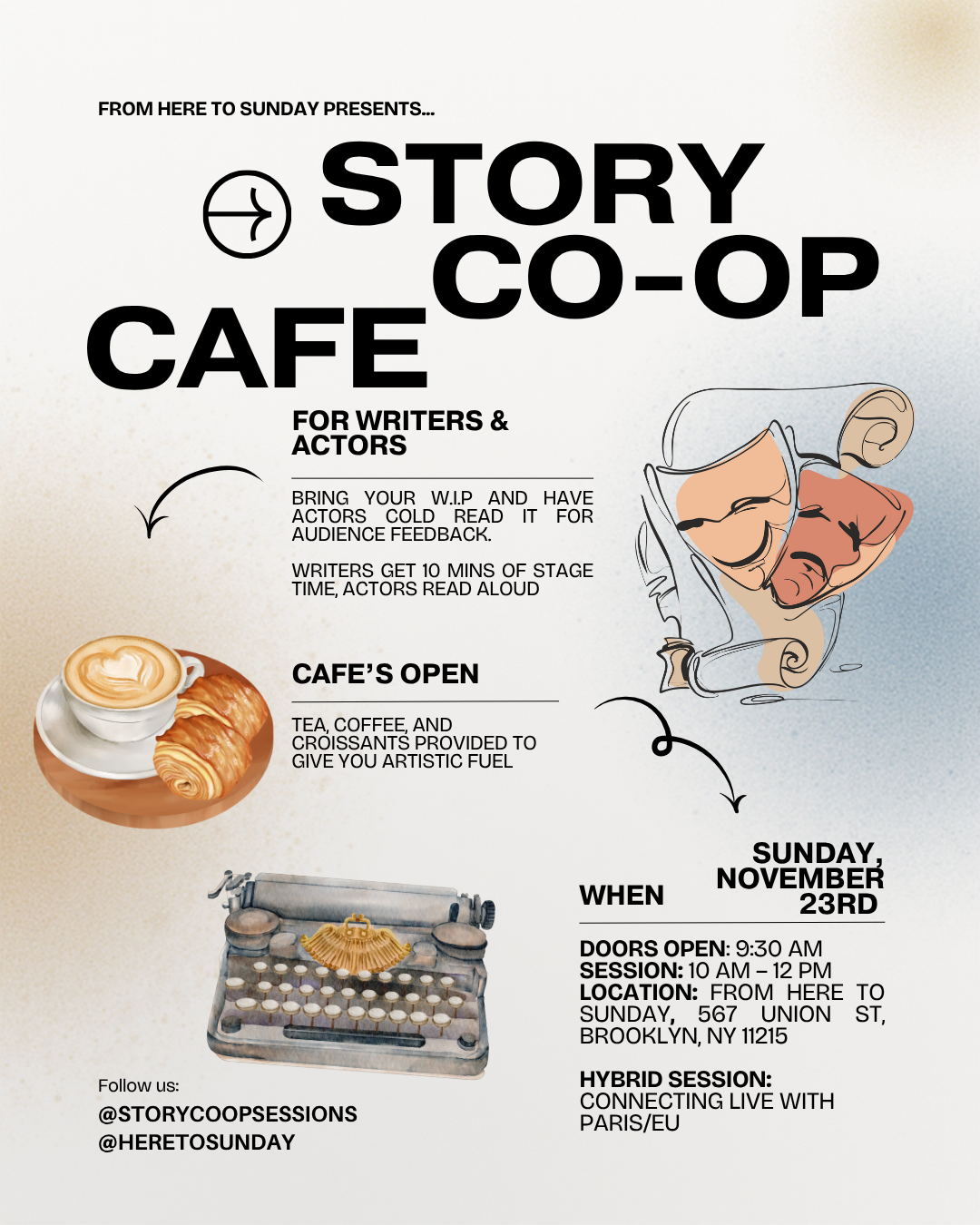 Advertisement for Story Co-op Cafe event with a typewriter, coffee, croissants, and theatre masks illustration.