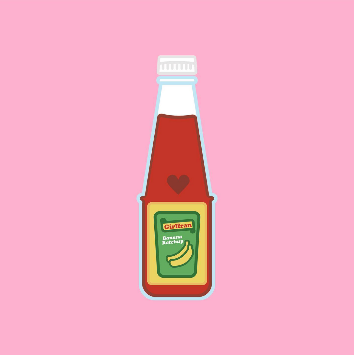 Illustration of a banana ketchup bottle with a heart on a pink background