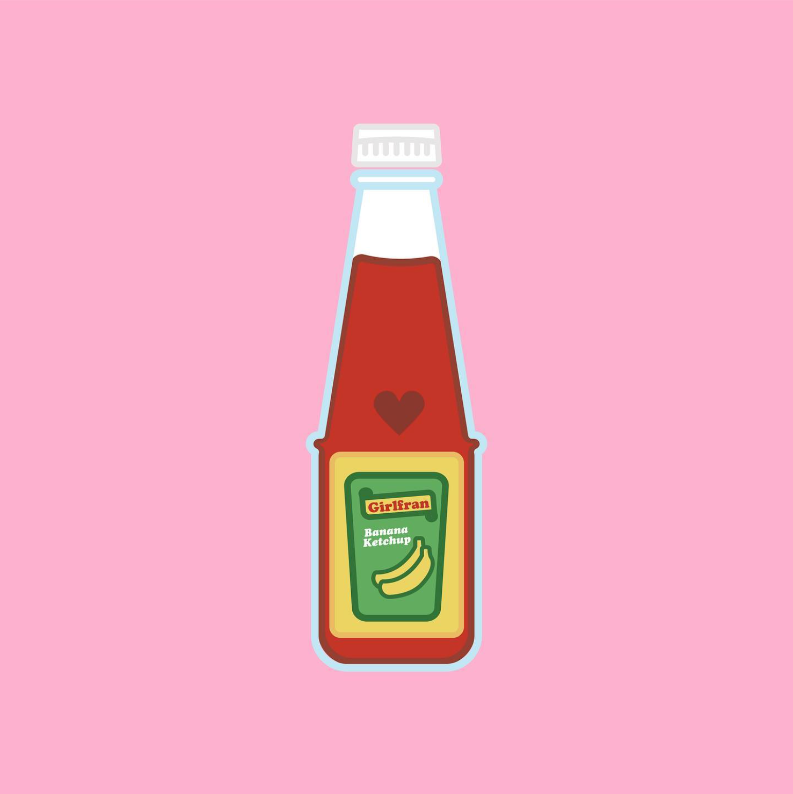 Illustration of a banana ketchup bottle with a heart on a pink background
